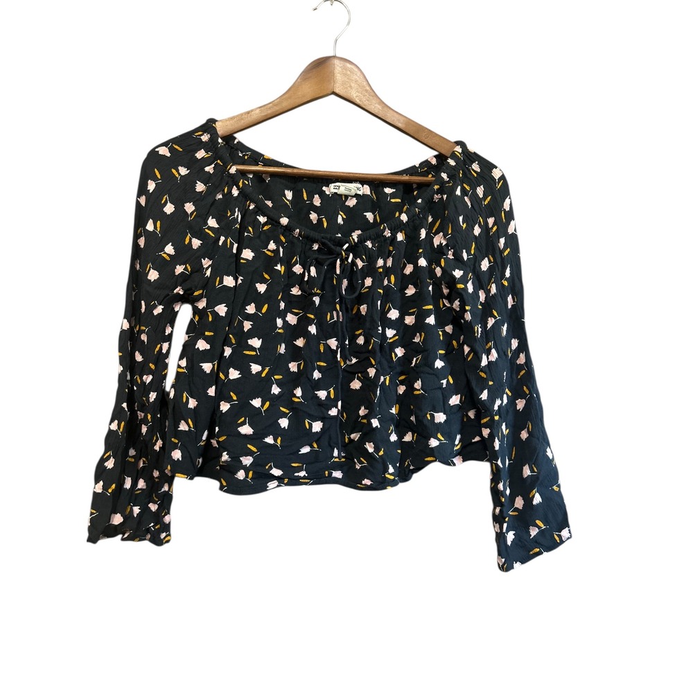 Billabong Black Floral Bell Sleeve Tie Neck Cropped Blouse Women's M
